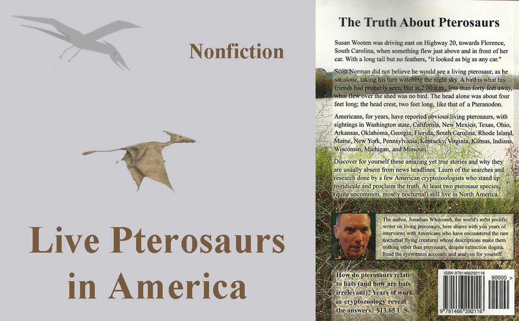 Back cover of nonfiction book "Live Pterosaurs in America" with two more images