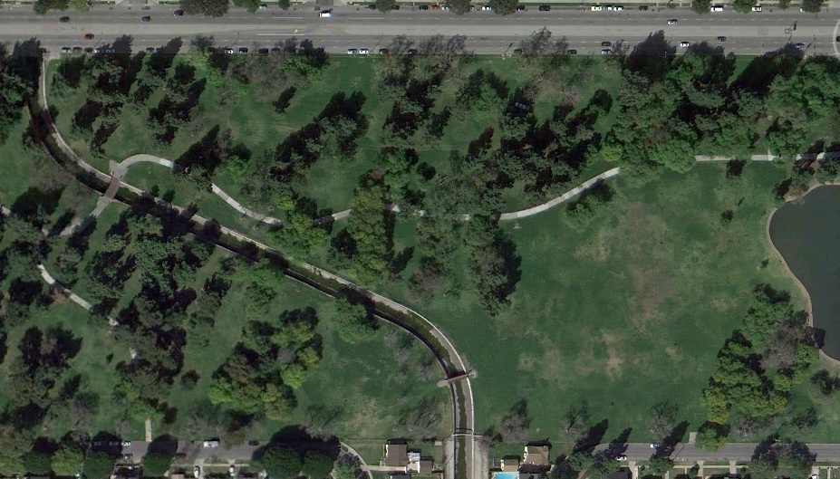 storm channel, satelite image, through a park in Long Beach, California
