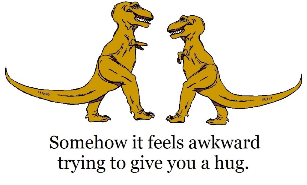 hug feels awkward between two T-Rex friends