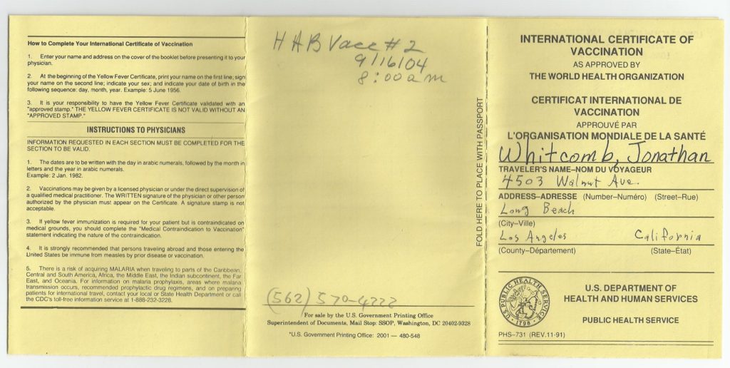 International Certificate of Vaccination for Whitcomb