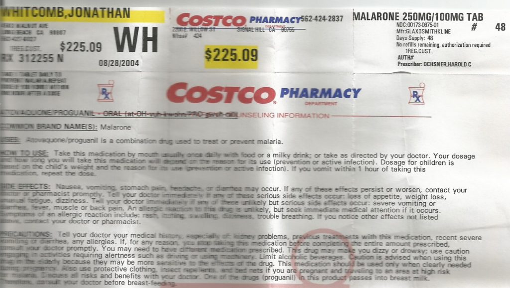 Costco pharmacy prescription filled for malarone