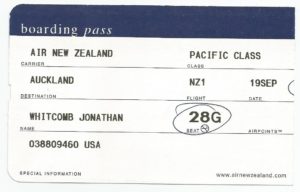 boarding pass for Jonathan Whitcomb - LAX to Auckland, New Zealand