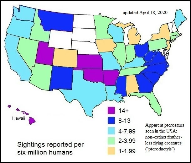 Map of USA with colors indicating pterosaur sightings per human population