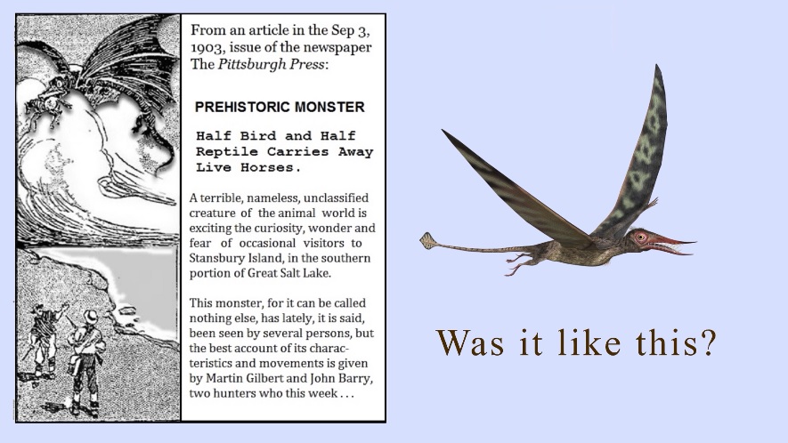 pterodactyl sketch and an old newspaper article on a monster in Utah